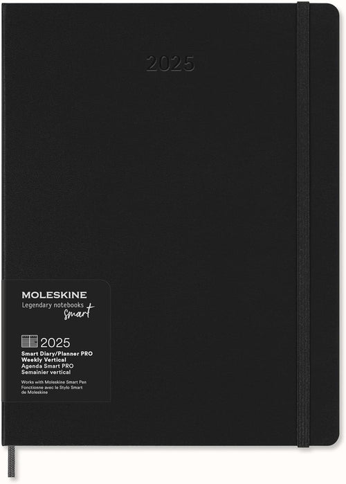 Moleskine Weekly Smart Planner PRO 12 Months 2025, Smart Planner PRO, Agenda 2025, Elastic Closure, Black Colour, Size Extra Large 19 x 25