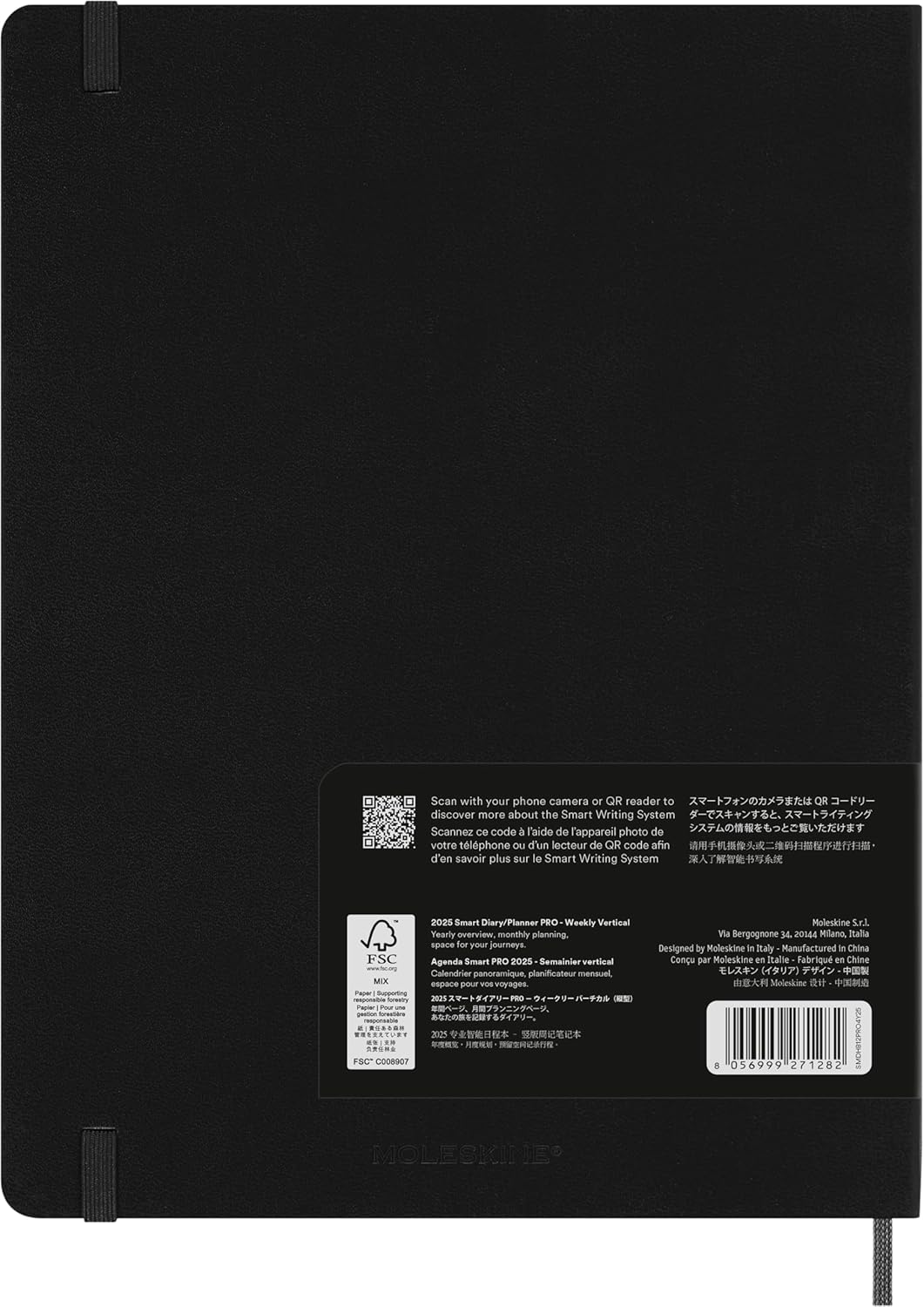 Moleskine Weekly Smart Planner PRO 12 Months 2025, Smart Planner PRO, Agenda 2025, Elastic Closure, Black Colour, Size Extra Large 19 x 25